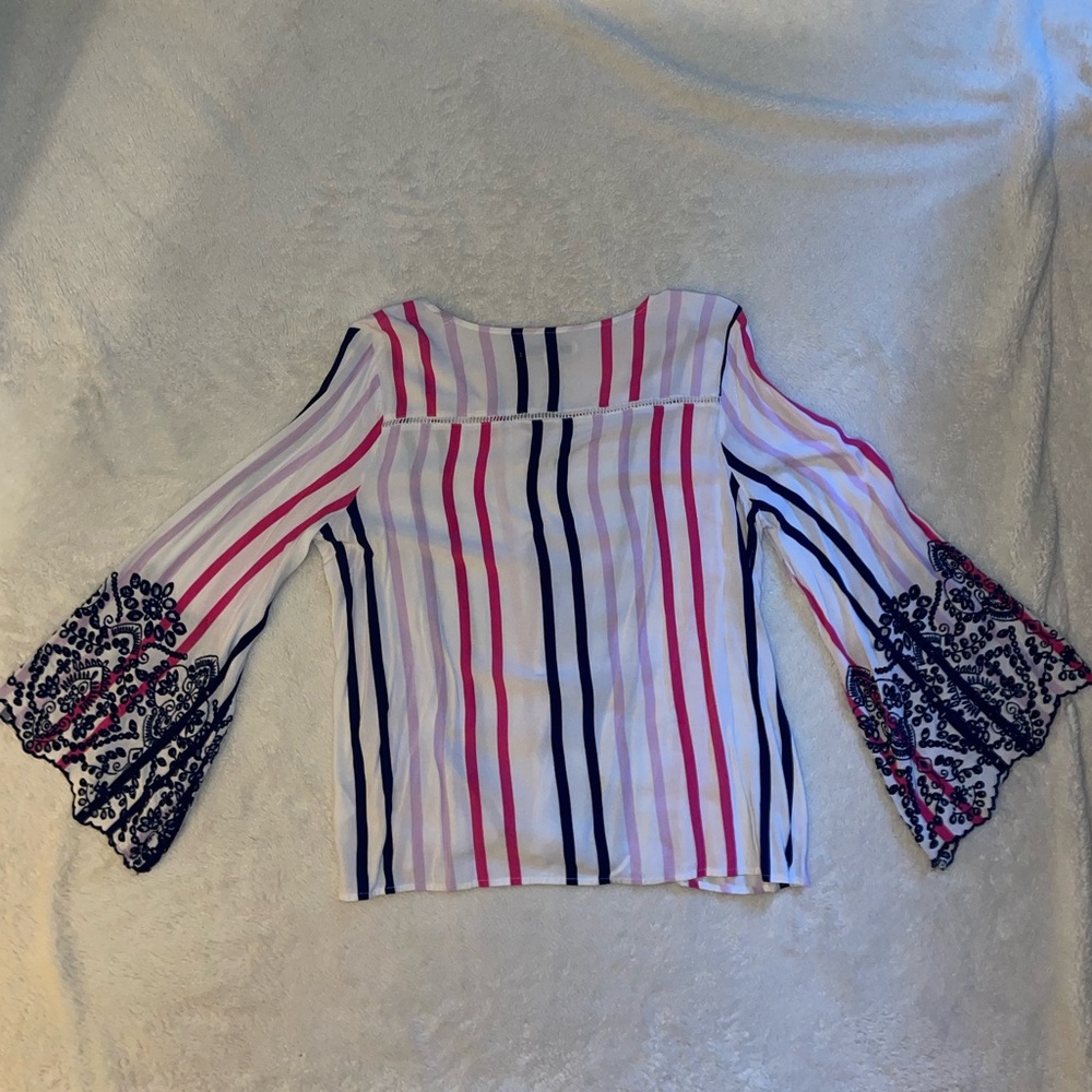 Fever Pink and Purple Striped Bell Sleeve Blouse with Lace Detail - Picture 3 of 7